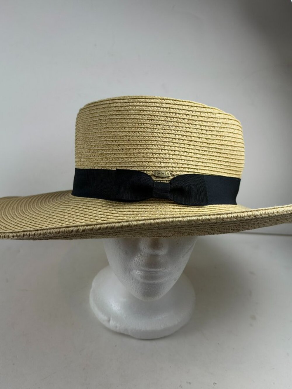 Scala Diego LP237 Womens Straw Boater Sun Hat Wide Brim Black Bow Ribbon OS